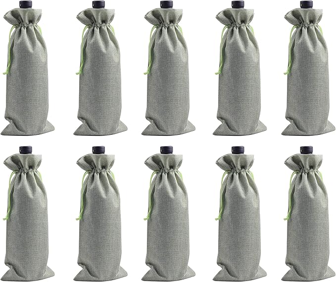 10pcs Green Burlap Wine Bags, 15.0cmx35.0cm/6.0''x14.0'' Drawstring and Lining Wine Bottle Burlap Bags, Hessian Gift Bags, Storage Pouches