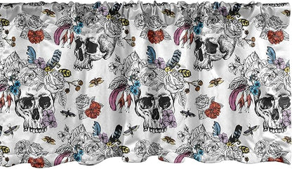 Ambesonne Gothic Window Valance, Day of The Dead Inspired Human Skulls Design with Colorful Flowers Mexican Tradition, Curtain Valance for Kitchen Bedroom Decor with Rod Pocket, 42" x 18", Multicolor