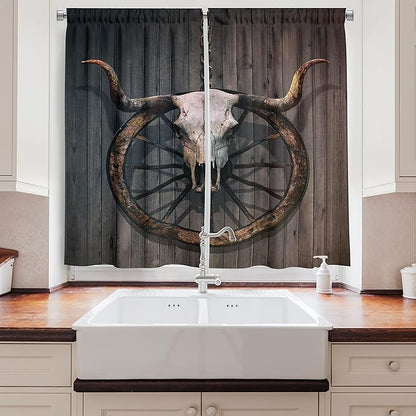 Ambesonne Barn Wood Wagon Wheel Kitchen Curtains, Long Horned Bull Skull and Old West Wagon Wheel on Rustic Wall, Window Drapes 2 Panel Set for Kitchen Cafe Decor, 55" x 39", Charcoal Brown