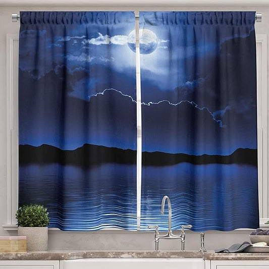 Ambesonne Night Kitchen Curtains, Fantasy Moon and Clouds Over Calm Water Seascape Dramatic Cloudy Dark Sky, Window Drapes 2 Panel Set for Kitchen Cafe Decor, 55" x 39", Navy Blue