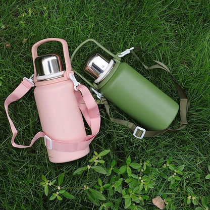 Qair 40 oz Insulated Thermos Stainless Steel Water Bottle with Handle, Strap, Strainer, Sports Travels Coffee Tea Bottle for Home Office Outdoor, Green 1200ml