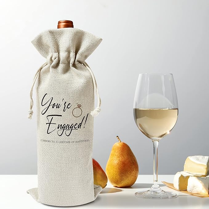 Zodvery Engagement Wine Gift Bags - for Wedding Gift, Couple Gift - Reusable Burlap With Drawstring Gift Bag (5.5"x 13.5")-1 Pcs/jiu049