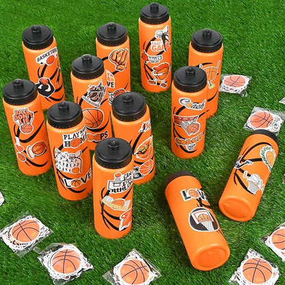 12 Pack Bulk Basketball Sports Water Bottle with 12 Pack Sticker Gift Set, Squeeze BPA-Free Reusable Water Bottles for Basketball Team Party Favors Gift（20OZ）