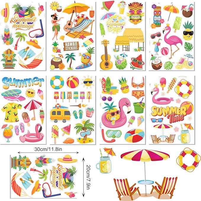 8 Sheets Summer Beach Window Clings Hawaiian Themed Static Window Stickers Refrigerator Glass Stickers Party Decorations Add Joy to The Season and Home Decoration