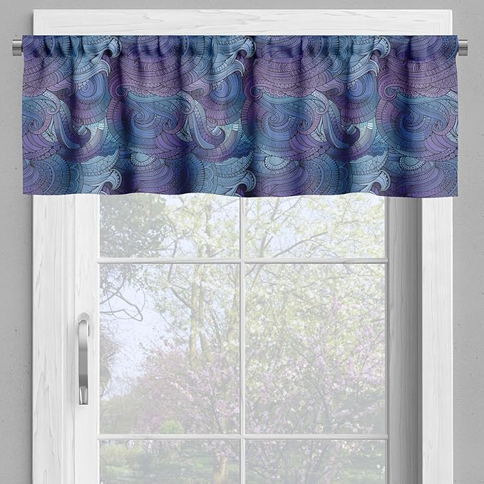 Ambesonne Abstract Valance & Tier Curtain 3 pcs Set, Ocean Inspired Graphic Paisley Swirled Hand Drawn Art Print, Window Treatments for Kitchen Room Decor, 55" x 36", Blue Purple