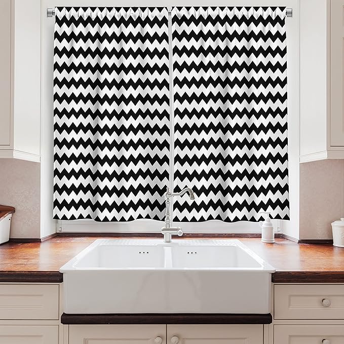 Ambesonne Chevron Long Kitchen Curtains, Zig Zags in Black and White Sharp Arrow Inspired Classic Retro Tile Monochrome, Two Panels Drapes with Rod Pocket Room Decor, 55" x 45", Black Cream