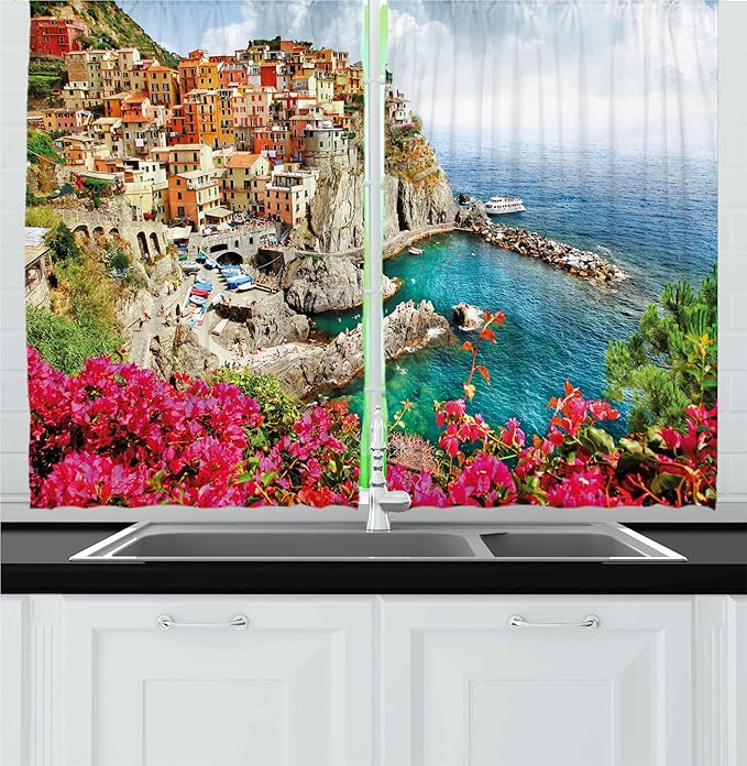 Ambesonne Italy Kitchen Curtains, Monarola Antique Village in Cinque Terre Coastal Panorama Summer Beach Scenic View, Window Drapes 2 Panel Set for Kitchen Cafe Decor, 55" x 24", Pink Beige