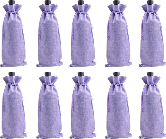 10pcs Purple Burlap Wine Bags, 15.0cmx35.0cm/6.0''x14.0'' Drawstring and Lining Wine Bottle Burlap Bags, Hessian Gift Bags, Storage Pouches