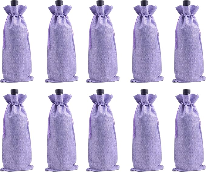 10pcs Purple Burlap Wine Bags, 15.0cmx35.0cm/6.0''x14.0'' Drawstring and Lining Wine Bottle Burlap Bags, Hessian Gift Bags, Storage Pouches