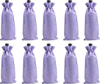 10pcs Purple Burlap Wine Bags, 15.0cmx35.0cm/6.0''x14.0'' Drawstring and Lining Wine Bottle Burlap Bags, Hessian Gift Bags, Storage Pouches