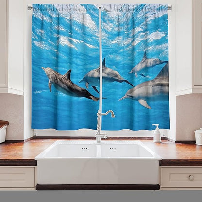 Ambesonne Dolphin Long Kitchen Curtains, Underwater Photography of Dolphins Happily Swimming Ocean Animal Life Image Print, Two Panels Drapes with Rod Pocket Room Decor, 55" x 45", Blue Grey