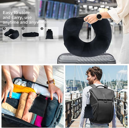 Neck Pillow, Inflatable Travel Pillow, Soft & Support Travel Essentials for Airplane/Car/Office&Home Rest Use, Comfortable & Breathable Machine Washable Cover with Storage Bag (Black)