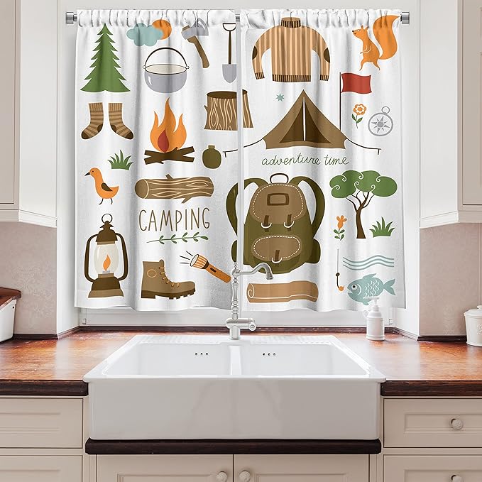 Ambesonne Adventure Long Kitchen Curtains, Camping Equipment Sleeping Bag Boots Campfire Shovel Hatchet Log Artwork Print, Two Panels Drapes with Rod Pocket Room Decor, 55" x 45", White Khaki