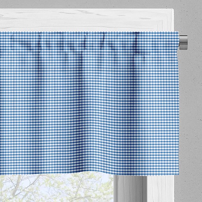 Ambesonne Checkered Valance & Tier Curtain 3 pcs Set, Monochrome Gingham Checks Classical Country Culture Old Fashioned Grid Design, Window Treatments for Kitchen Room Decor, 55" x 36", Blue White