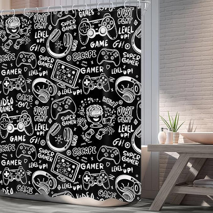 Black White Funny Gaming Shower Curtain Kids Gamer Video Games Cool Teens Monochrome Sketch Graffiti 60Wx72L Inch Bathroom Set Gamepad Bath Curtain Bathtub Accessories Home Decor