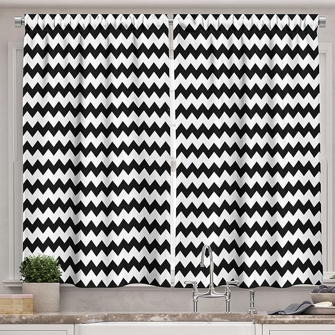 Ambesonne Chevron Kitchen Curtains, Zig Zags in Black and White Sharp Arrow Inspired Classic Retro Tile Monochrome, Window Drapes 2 Panel Set for Kitchen Cafe Decor, 55" x 39", Black Cream