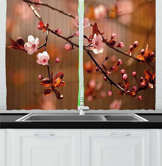 Ambesonne Nature Kitchen Curtains, Cherry Blossom Sakura Tree Branches Flowering Japanese Flourishing Print, Window Drapes 2 Panel Set for Kitchen Cafe Decor, 55" x 36", Coral Pink