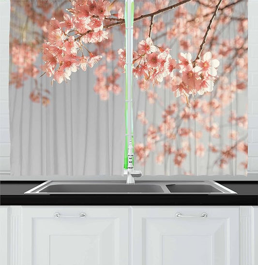 Ambesonne Peach Kitchen Curtains, Japanese Scenery Sakura Tree Cherry Blossom Nature Photography Coming of Spring, Window Drapes 2 Panel Set for Kitchen Cafe Decor, 55" x 24", Burgundy Teal