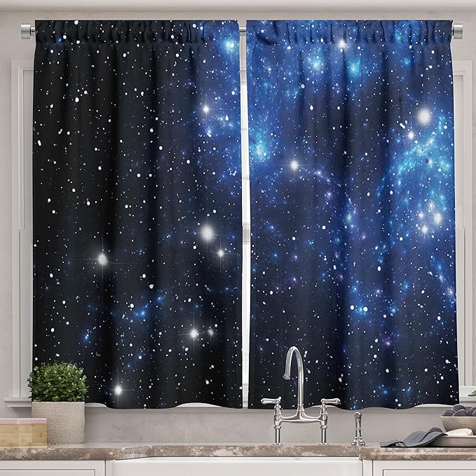 Ambesonne Constellation Long Kitchen Curtains, Outer Space Star Nebula Astral Cluster Astronomy Theme Galaxy Mystery, Two Panels Drapes with Rod Pocket Room Decor, 55" x 45", Black Blue