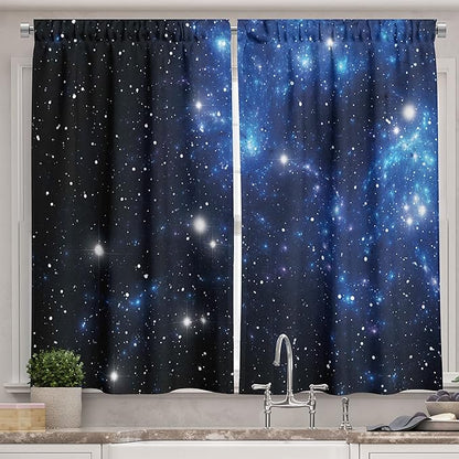 Ambesonne Constellation Long Kitchen Curtains, Outer Space Star Nebula Astral Cluster Astronomy Theme Galaxy Mystery, Two Panels Drapes with Rod Pocket Room Decor, 55" x 45", Black Blue