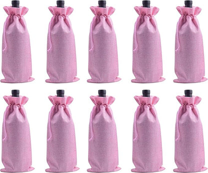 10pcs Pink Burlap Wine Bags, 15.0cmx35.0cm/6.0''x14.0'' Drawstring and Lining Wine Bottle Burlap Bags, Hessian Gift Bags, Storage Pouches