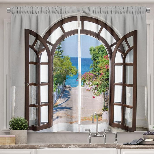 Ambesonne Beach Long Kitchen Curtains, Ocean Sea View from Summer Season Italian Design in Garden Image, Two Panels Drapes with Rod Pocket Room Decor, 55" x 45", White Blue