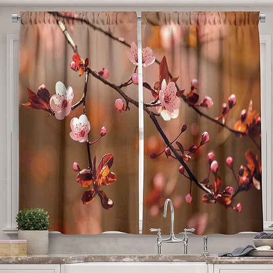 Ambesonne Nature Long Kitchen Curtains, Cherry Blossom Sakura Tree Branches Flowering Japanese Flourishing Print, Two Panels Drapes with Rod Pocket Room Decor, 55" x 45", Coral Pink