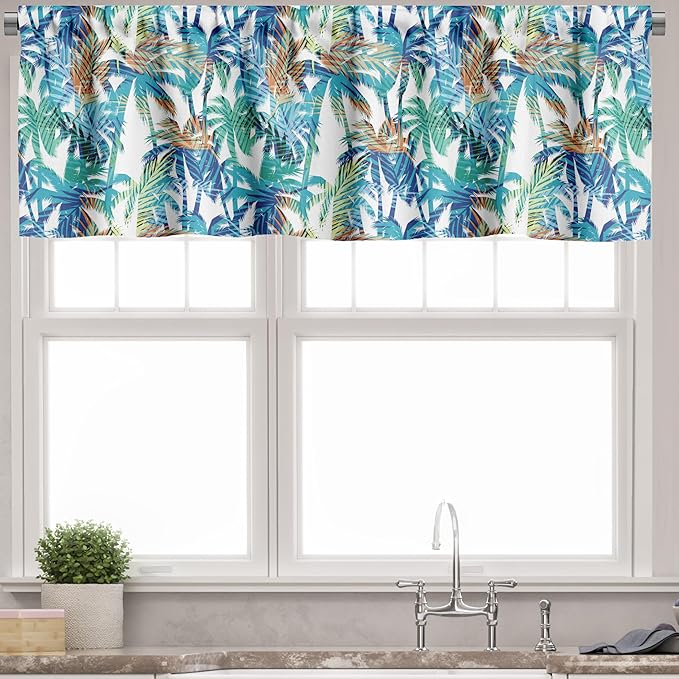 Ambesonne Palm Leaf Valance & Tier Curtain 3 pcs Set, Tropical Summer Print with Palm Abstract Nature Pattern Fantasy Dream, Window Treatments for Kitchen Room Decor, 55" x 36", Blue Mint Green Orange