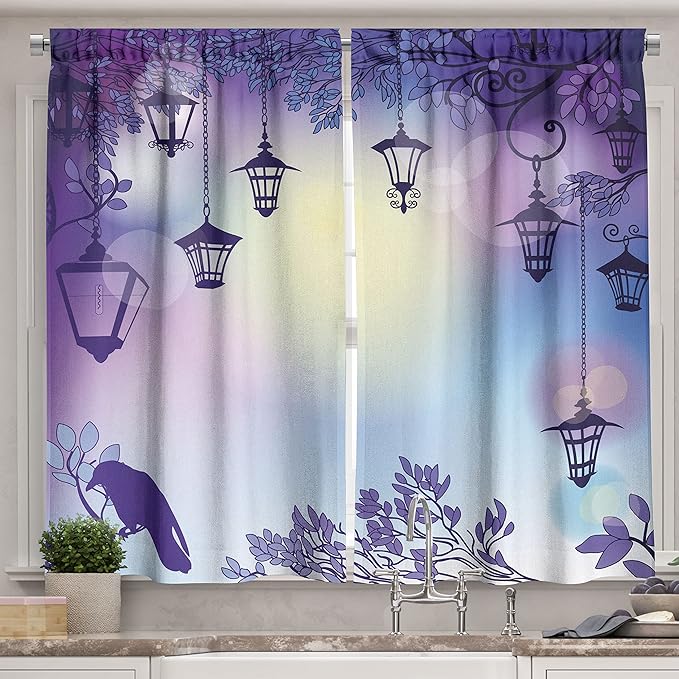 Ambesonne Lantern Kitchen Curtains, Street in a Sinister Violet Environment Raven on a Branch Night, Window Drapes 2 Panel Set for Kitchen Cafe Decor, 55" x 39", Violet Blue