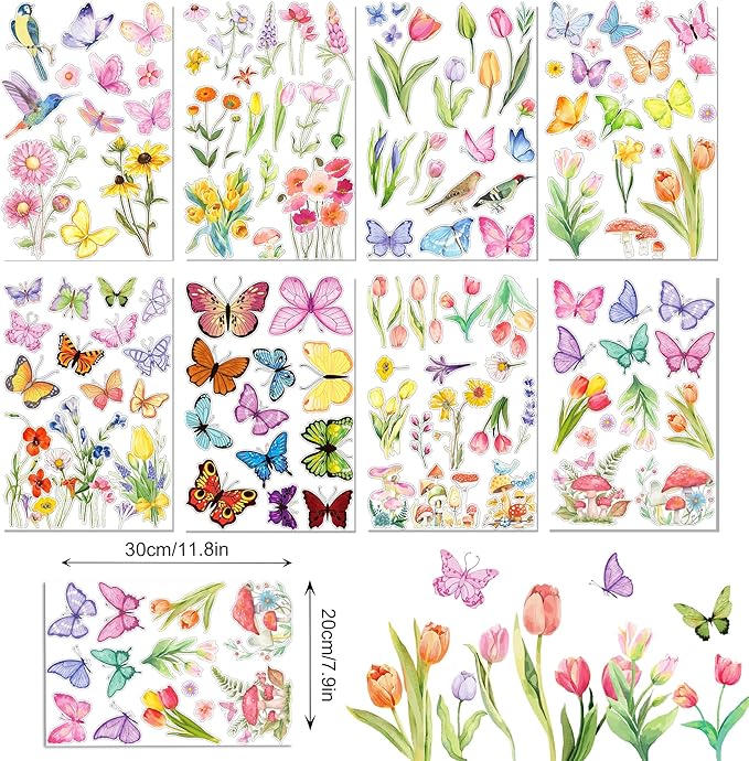 8 Sheets Butterfly Floral Window Clings Summer Floral Static Window Stickers Refrigerator Glass Party Decorations Add Joy to The Season and Home Decoration