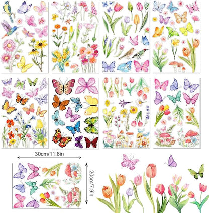 8 Sheets Butterfly Floral Window Clings Summer Floral Static Window Stickers Refrigerator Glass Party Decorations Add Joy to The Season and Home Decoration