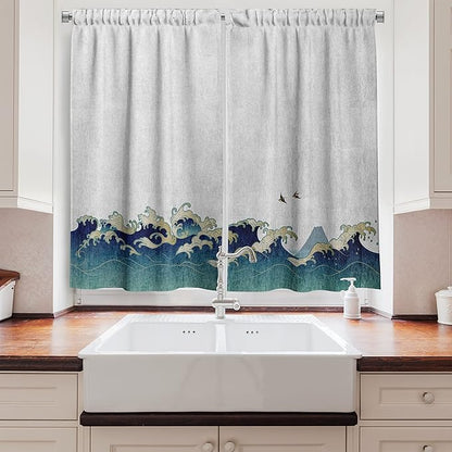 Ambesonne Japanese Wave Long Kitchen Curtains, Aquatic Swirls Birds of Ocean Ukiyo-e Style Artwork Greyscale Background, Two Panels Drapes with Rod Pocket Room Decor, 55" x 45", Grey Blue