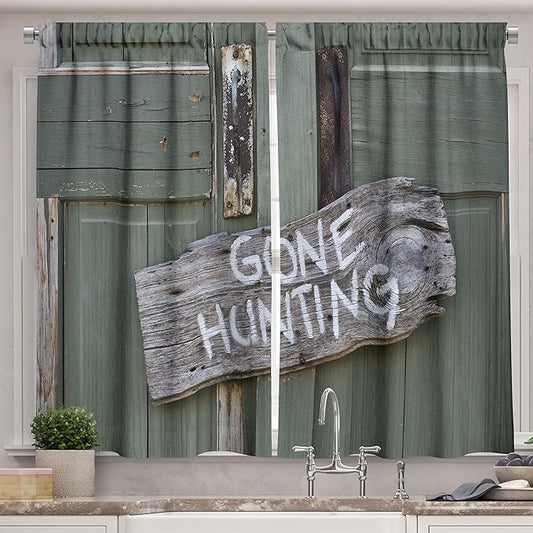 Ambesonne Hunting Long Kitchen Curtains, Gone Hunting Written on Wooden Board Old Worn Out Cottage Door Seasonal Hobby Fun, Two Panels Drapes with Rod Pocket Room Decor, 55" x 45", Green Gray