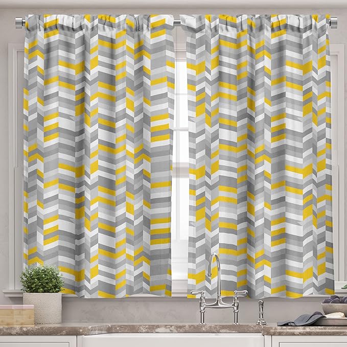 Ambesonne Grey and Yellow Valance & Tier Curtain 3 pcs Set, Geometric Vintage 60s Home Pattern Inspired Herringbone Zig Zag Lines, Window Treatments for Kitchen Room Decor, 55" x 24", Yellow Grey