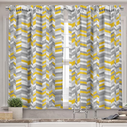 Ambesonne Grey and Yellow Valance & Tier Curtain 3 pcs Set, Geometric Vintage 60s Home Pattern Inspired Herringbone Zig Zag Lines, Window Treatments for Kitchen Room Decor, 55" x 45", Yellow Grey