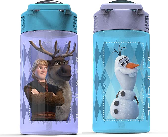 Zak Designs Disney Frozen 2 Kids Water Bottle Set with Reusable Straws and Built in Carrying Loops, Made of Plastic, Leak-Proof Designs 16 oz, BPA-Free, 2pc Set, Elsa & Anna (Frozen 2)