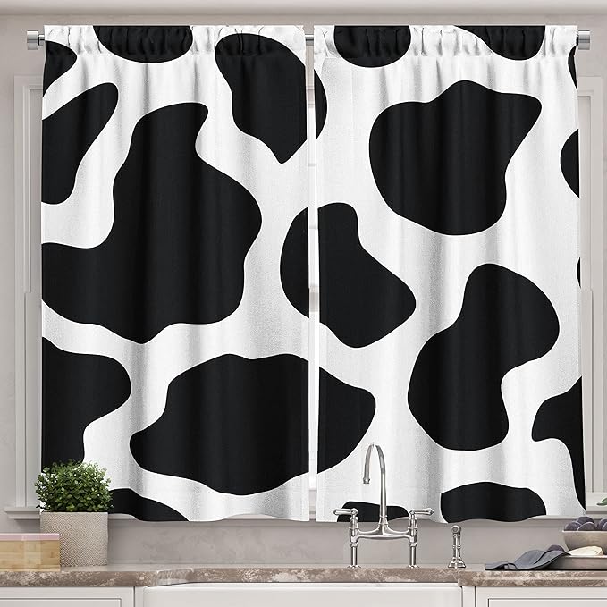 Ambesonne Cow Print Long Kitchen Curtains, Hide of an Animal Dark Shade Spots Abstract and Plain Style Barnyard Life, Two Panels Drapes with Rod Pocket Room Decor, 55" x 45", Black White