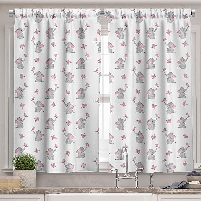 Ambesonne Animal Cartoon Valance & Tier Curtain 3 pcs Set, Playing Butterflies Design Pattern, Window Treatments for Kitchen Room Decor, 55" x 45", Grey Pink