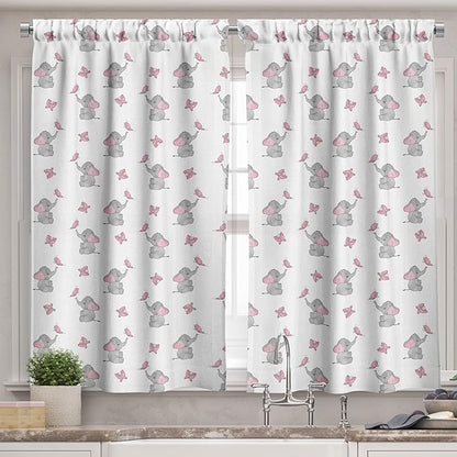 Ambesonne Animal Cartoon Valance & Tier Curtain 3 pcs Set, Playing Butterflies Design Pattern, Window Treatments for Kitchen Room Decor, 55" x 45", Grey Pink