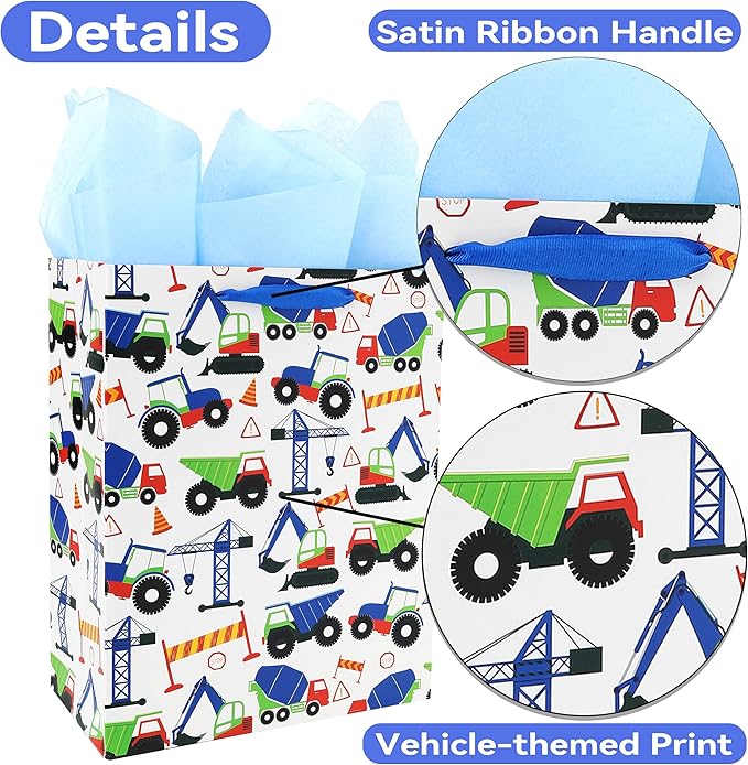 13" Large Vehicle-themed Gift Bags Set with Greeting Card and Tissue Paper (Blue Car Design) for boys, Kids Birthday Party,Baby boy,Baby Shower,Newborn,New Moms or Parents -10.2”x5.2”x13”, 1 Pcs