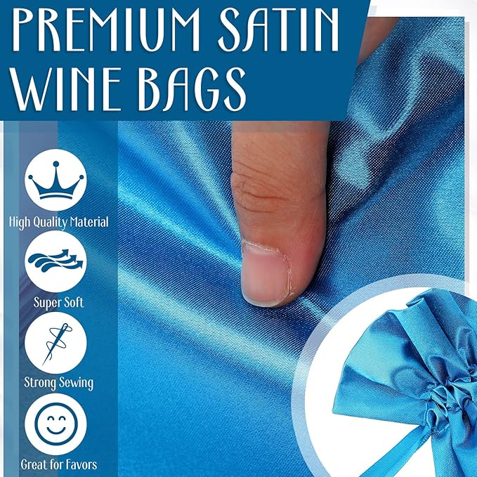 12 Pcs Satin Wine Bags Wine Gift Bags with Drawstrings & Tags, Wine Bottle Bags Reusable Wine Bottle Covers for Christmas, Wedding, Birthday, Travel, Holiday Party, Housewarming, Home Storage (Blue)