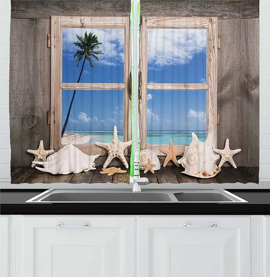 Ambesonne Beach Kitchen Curtains, Summer Holiday with Seashells Starfish and Palm Tree Ocean Print, Window Drapes 2 Panel Set for Kitchen Cafe Decor, 55" x 36", Brown Aqua