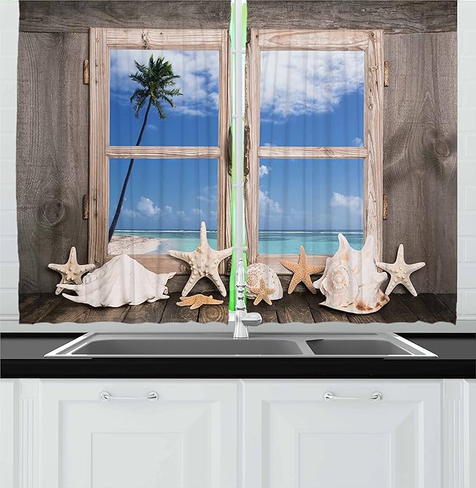 Ambesonne Beach Kitchen Curtains, Summer Holiday with Seashells Starfish and Palm Tree Ocean Print, Window Drapes 2 Panel Set for Kitchen Cafe Decor, 55" x 24", Brown Aqua