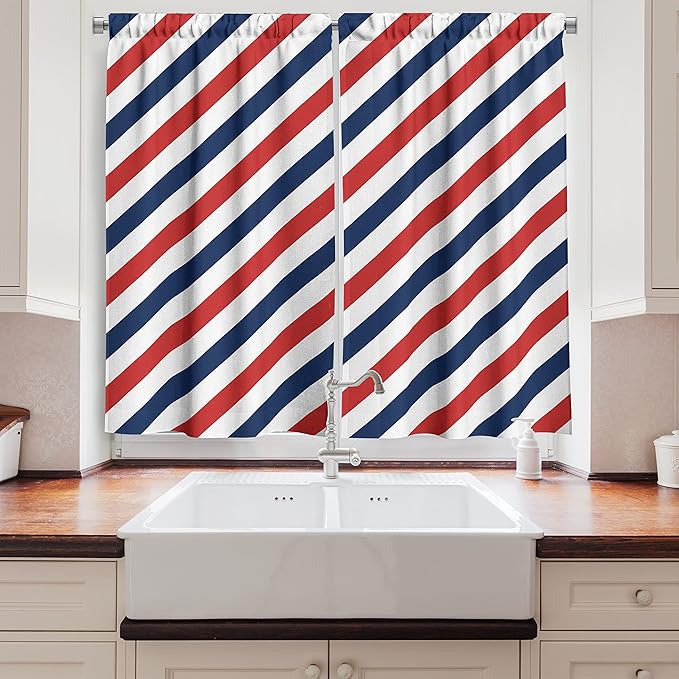 Ambesonne Harbour Stripe Long Kitchen Curtains, Vintage Barber Pole Helix of Colored Stripes Medieval Contrast Design, Two Panels Drapes with Rod Pocket Room Decor, 55" x 45", Blue Red