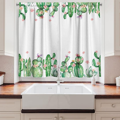 Ambesonne Cactus Kitchen Curtains, Mexico Style Romantic Tender Blossoms and Barren Heath Natural Vegetation, Window Drapes 2 Panel Set for Kitchen Cafe Decor, 55" x 39", Green Coral