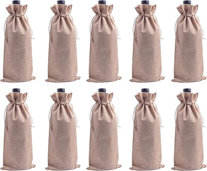 10pcs Camel Burlap Wine Bags, 15.0cmx35.0cm/6.0''x14.0'' Drawstring and Lining Wine Bottle Burlap Bags, Hessian Gift Bags, Storage Pouches