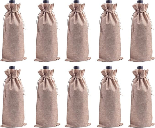 10pcs Camel Burlap Wine Bags, 15.0cmx35.0cm/6.0''x14.0'' Drawstring and Lining Wine Bottle Burlap Bags, Hessian Gift Bags, Storage Pouches