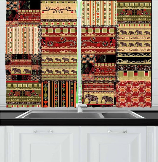 Ambesonne African Kitchen Curtains, Patchwork Style Pattern withand Cultural Motifs Print, Window Drapes 2 Panel Set for Kitchen Cafe Decor, 55" x 36", Red Green