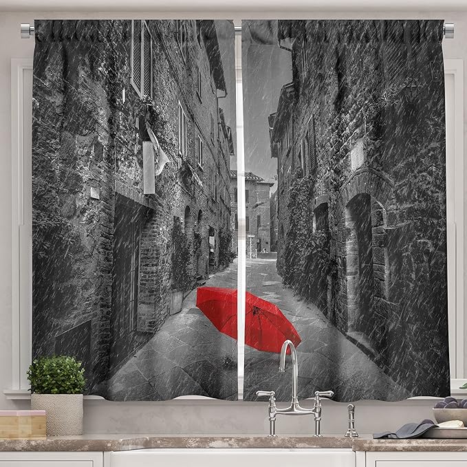 Ambesonne Black and White Long Kitchen Curtains, Red Umbrella on a Dark Narrow Street in Tuscany Italy Rainy Winter, Two Panels Drapes with Rod Pocket Room Decor, 55" x 45", Light Brown