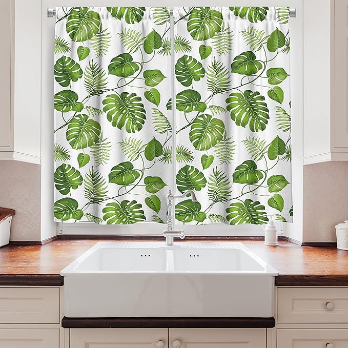 Ambesonne Leaf Kitchen Curtains, Brazilian Rainforest Foliage Nature Ivy Swirls Palm Banana Trees Leaves Art Print, Window Drapes 2 Panel Set for Kitchen Cafe Decor, 55" x 39", Fern Green